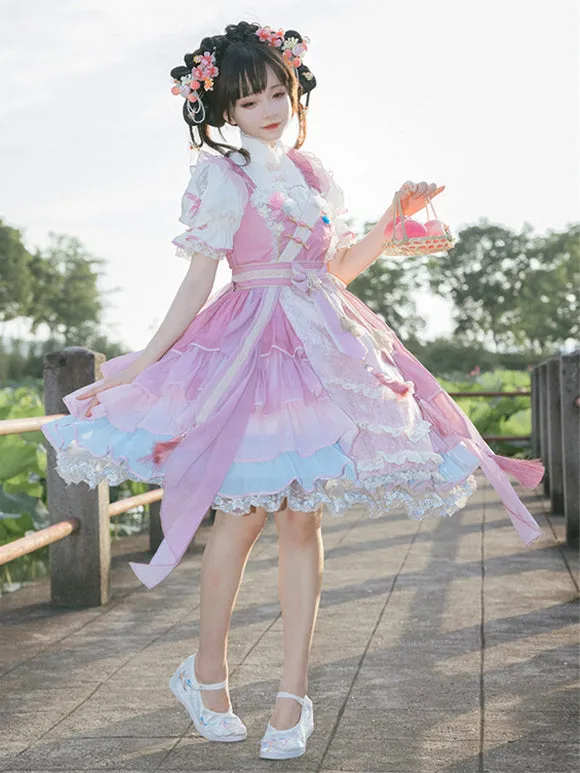 Chinese Style Lolita Dress Ruffles Sleeveless Polyester Chinese Style Lace Pink Chinese Style Lolita