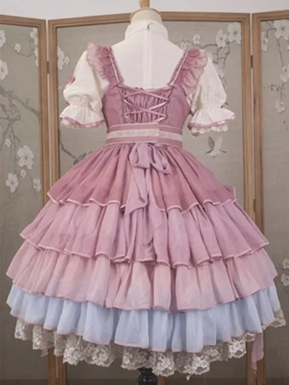 Chinese Style Lolita Dress Ruffles Sleeveless Polyester Chinese Style Lace Pink Chinese Style Lolita
