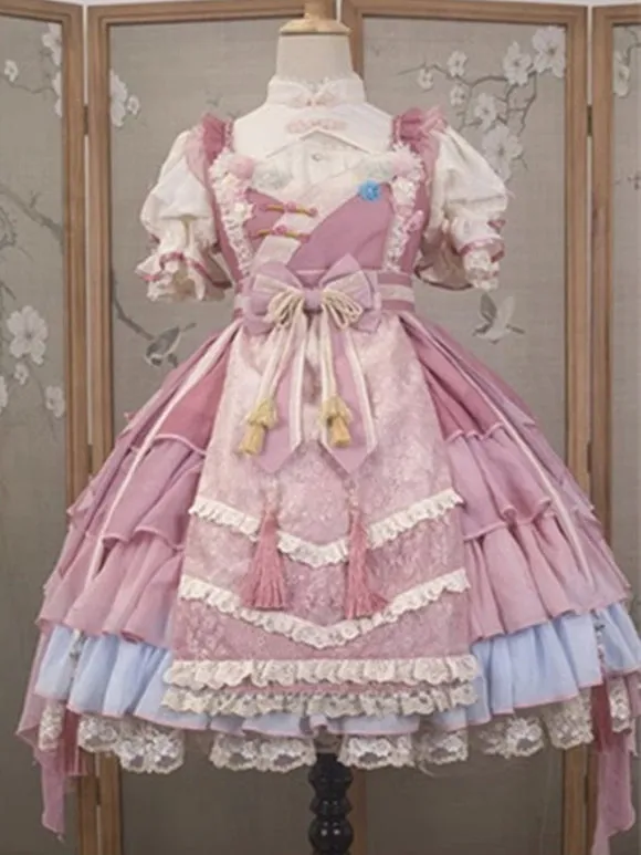 Chinese Style Lolita Dress Ruffles Sleeveless Polyester Chinese Style Lace Pink Chinese Style Lolita