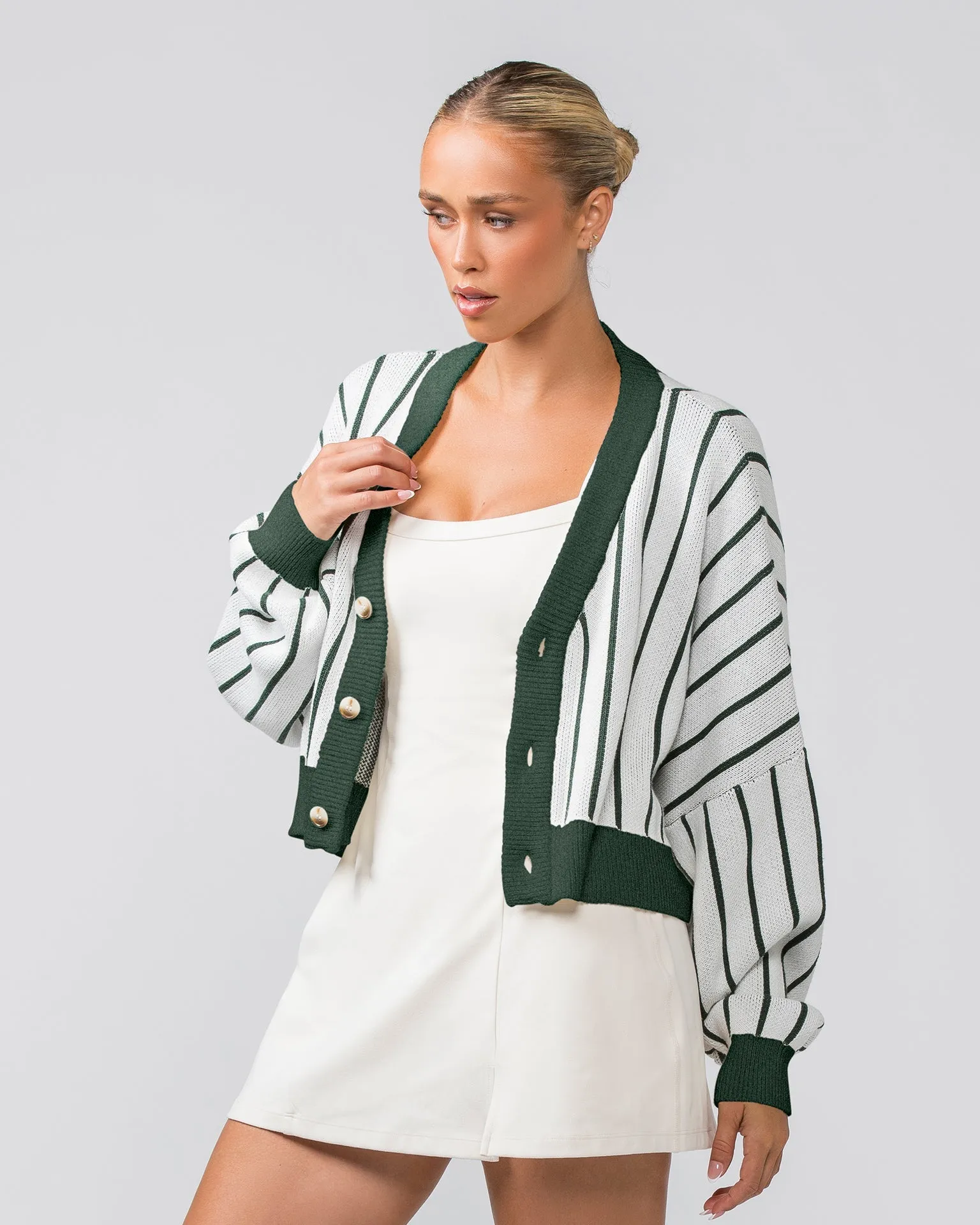 Clubhouse Cropped Cardigan - Dew / Eucalyptus Stripe