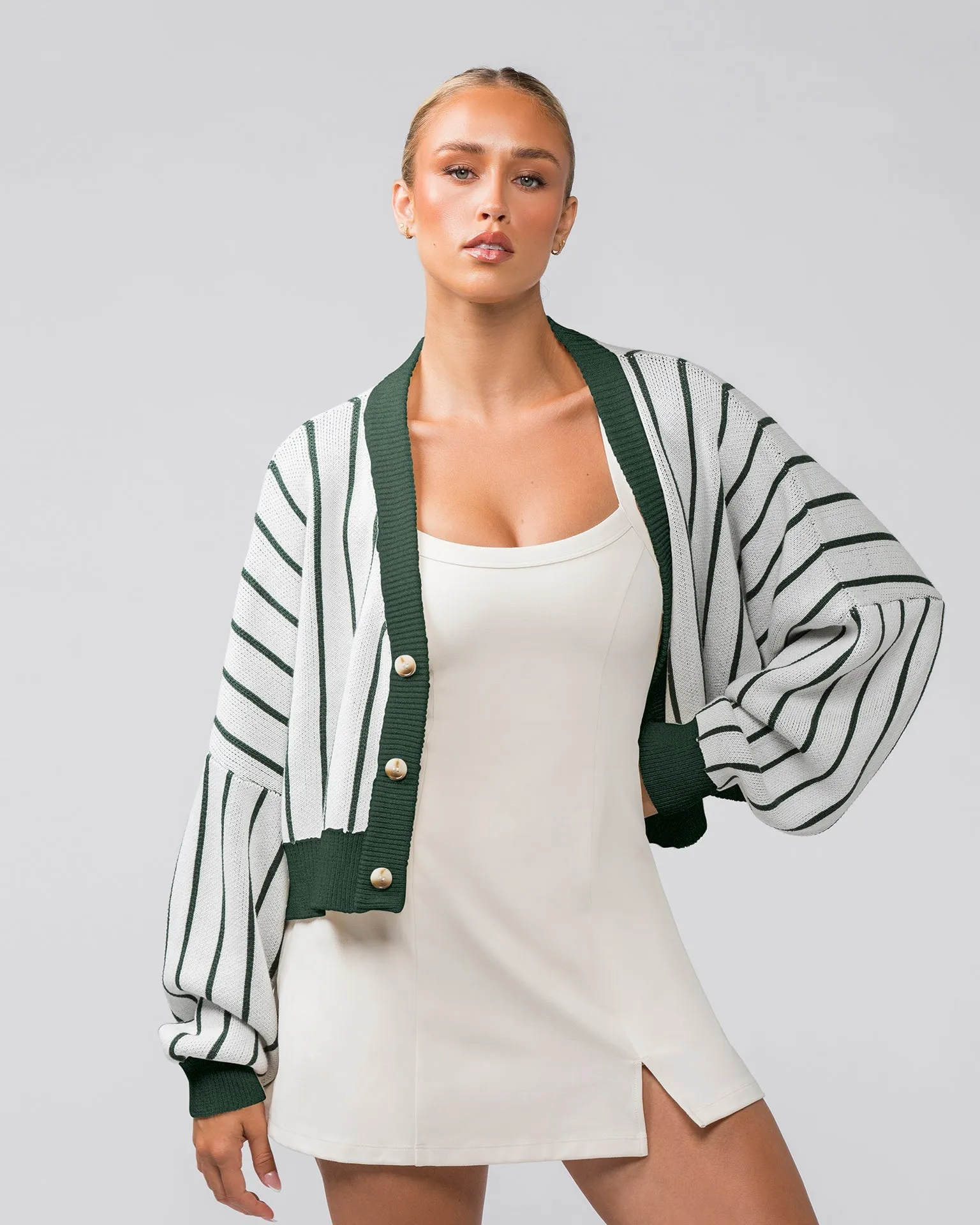 Clubhouse Cropped Cardigan - Dew / Eucalyptus Stripe