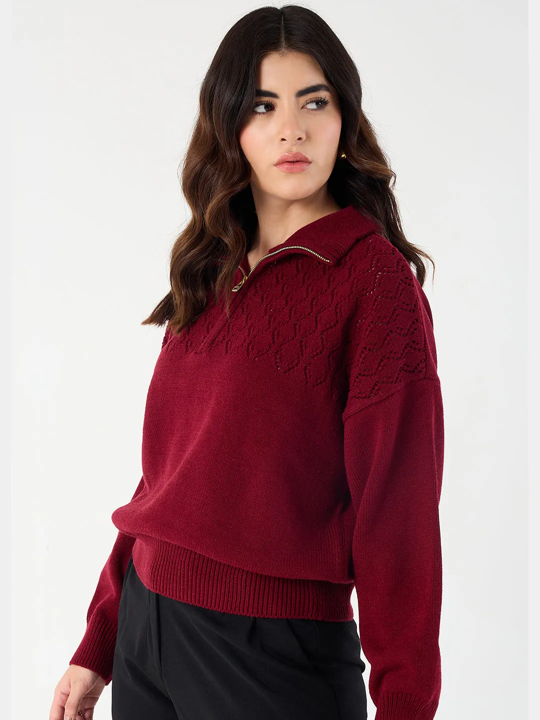 Cranberry High Neck Half Puller Sweater