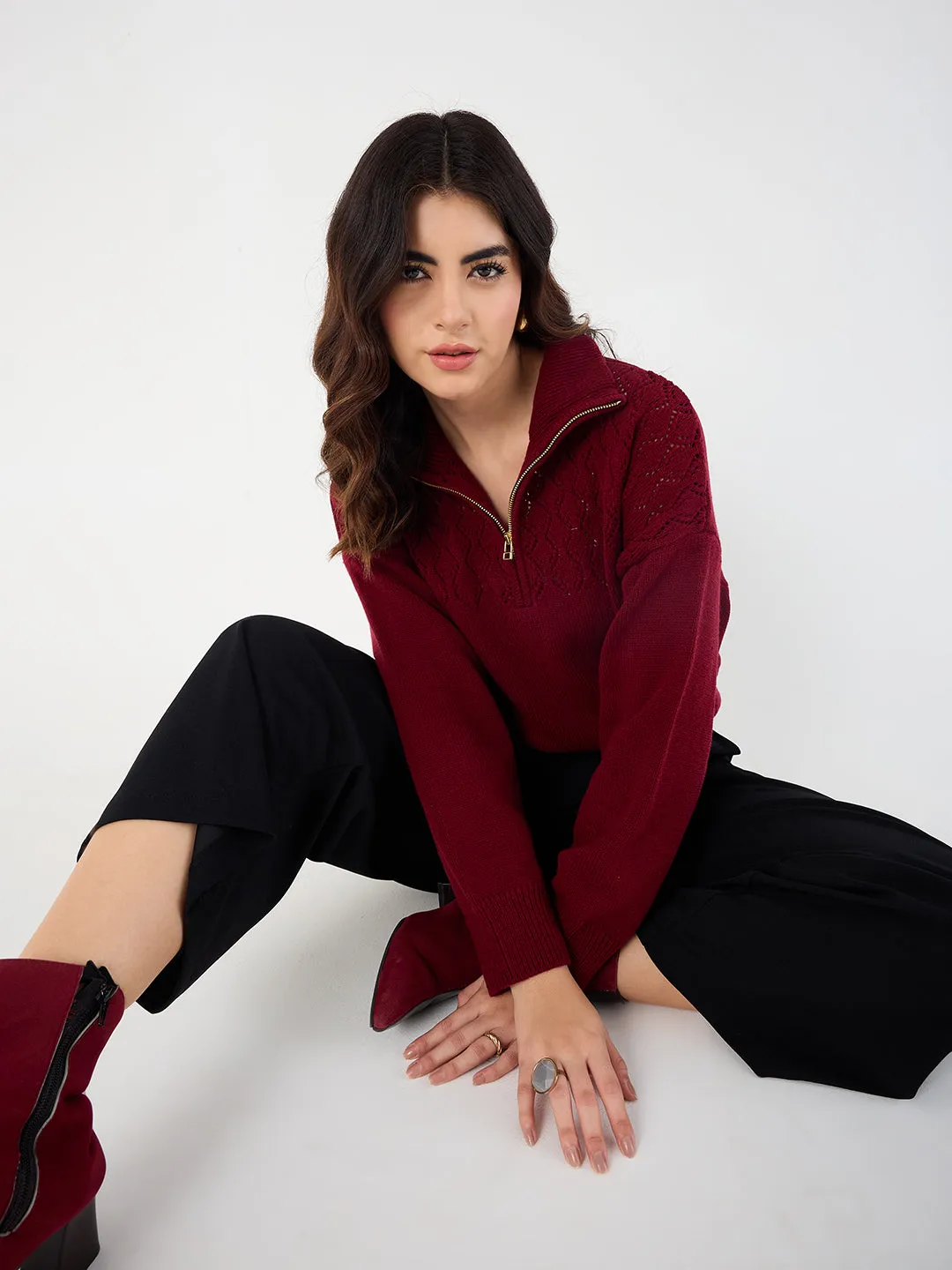 Cranberry High Neck Half Puller Sweater