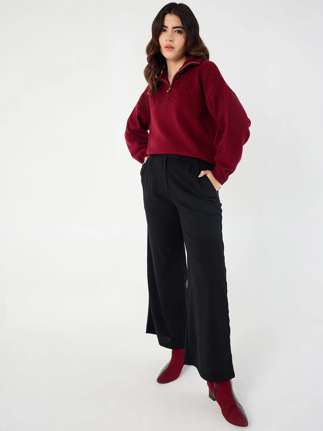 Cranberry High Neck Half Puller Sweater