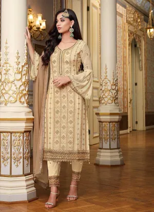 Cream Gold Embroidered Straight Pant Style Suit