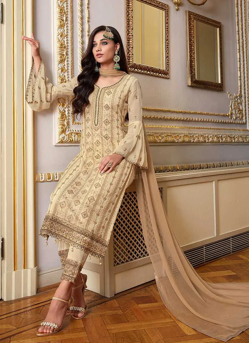 Cream Gold Embroidered Straight Pant Style Suit