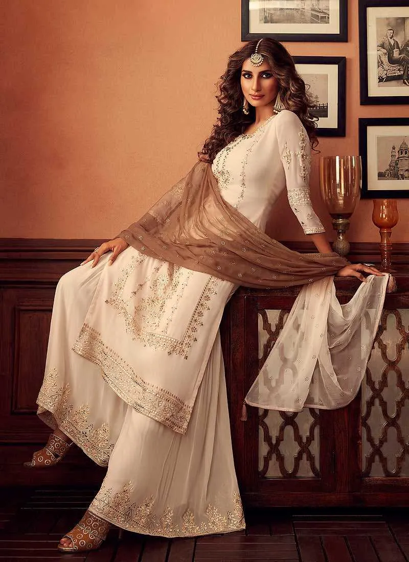 Cream Heavy Embroidered Sharara Style Suit