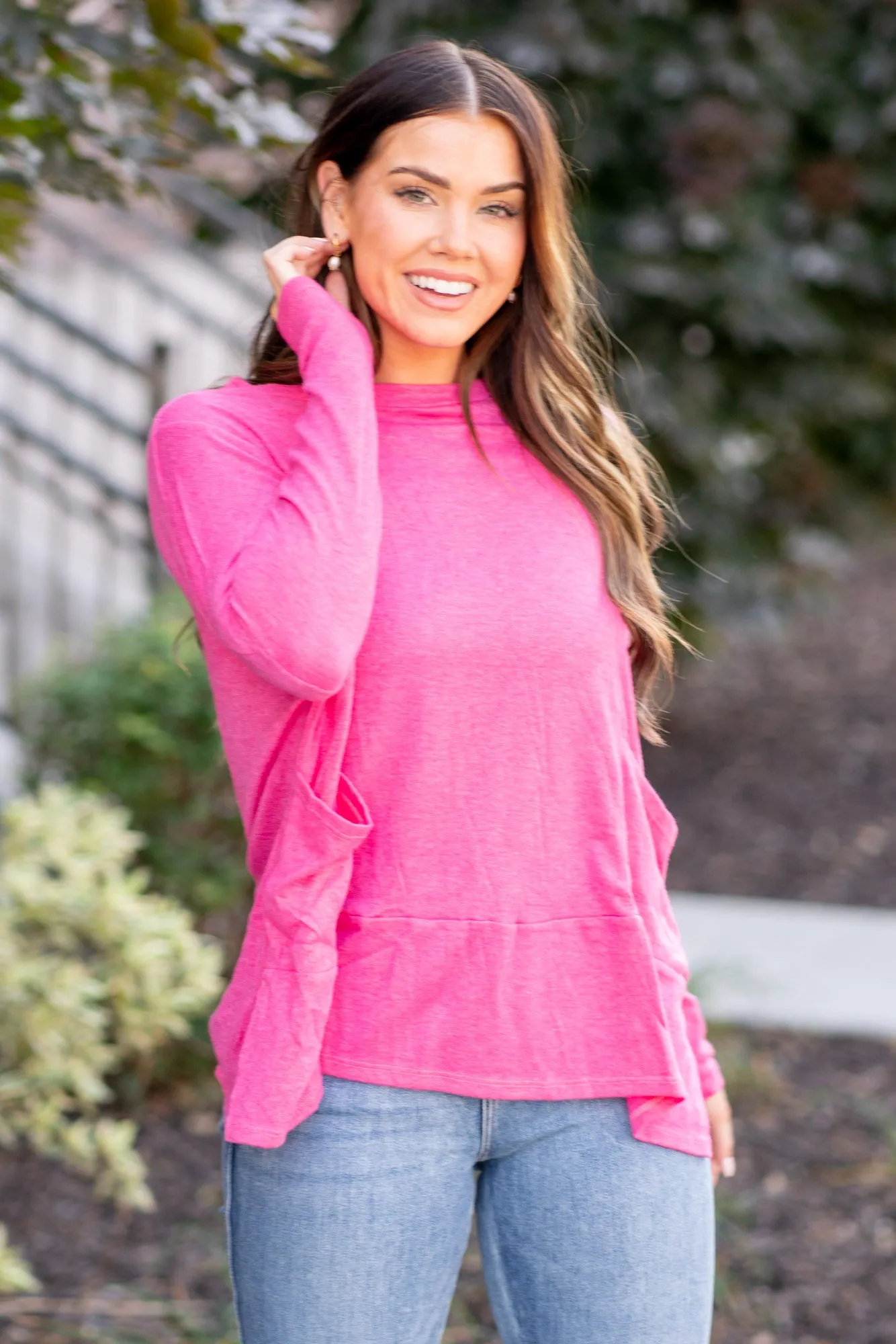 Dolman Long Sleeve Oversized Knit Top with Pockets