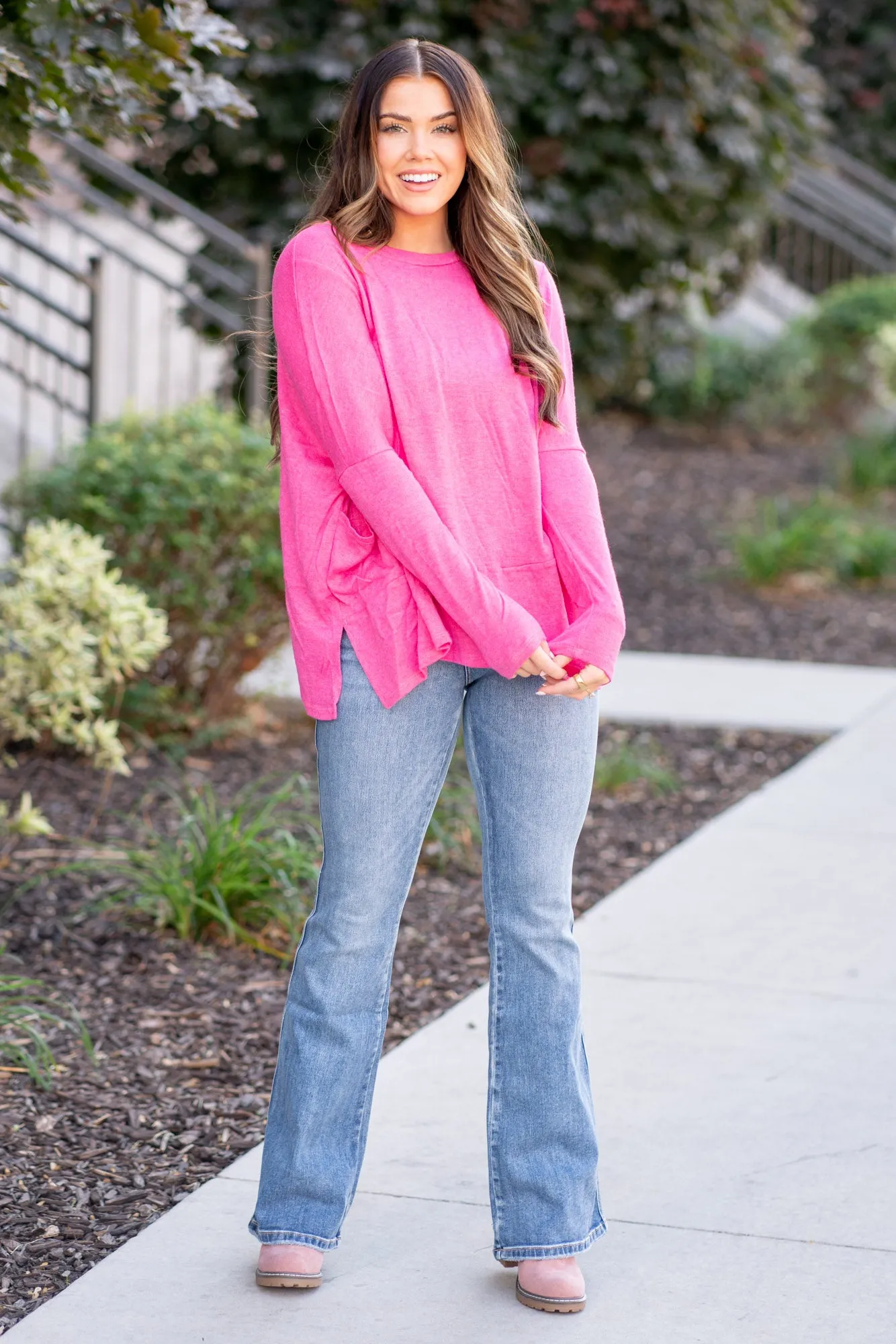 Dolman Long Sleeve Oversized Knit Top with Pockets