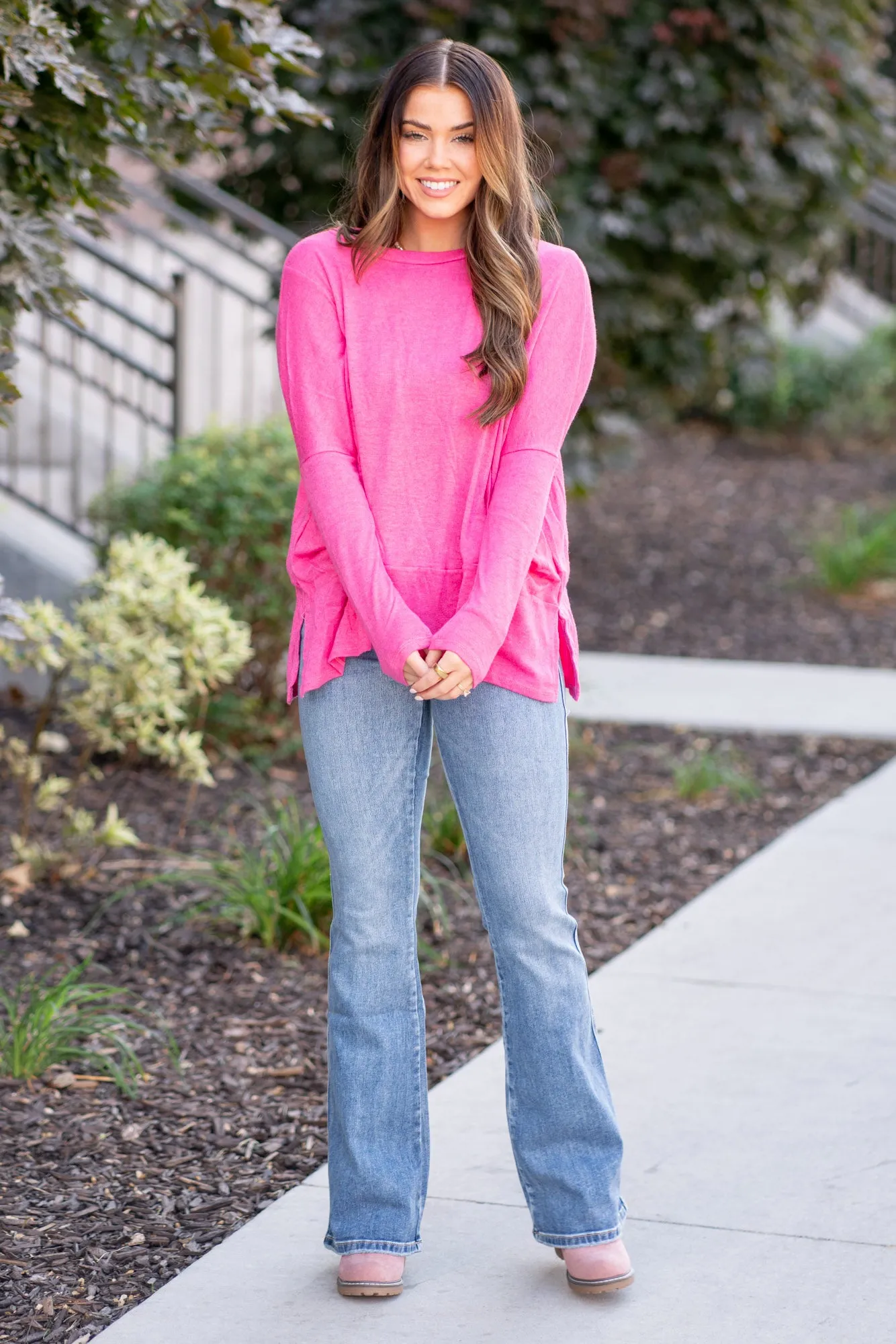 Dolman Long Sleeve Oversized Knit Top with Pockets