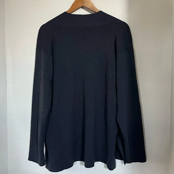 EILEEN FISHER L VTG Merino Wool Open Front Cardigan Sweater in Navy Blue Gray