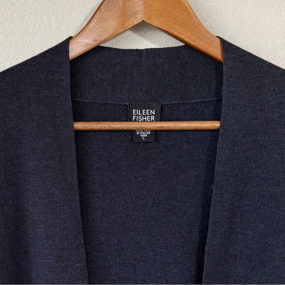 EILEEN FISHER L VTG Merino Wool Open Front Cardigan Sweater in Navy Blue Gray