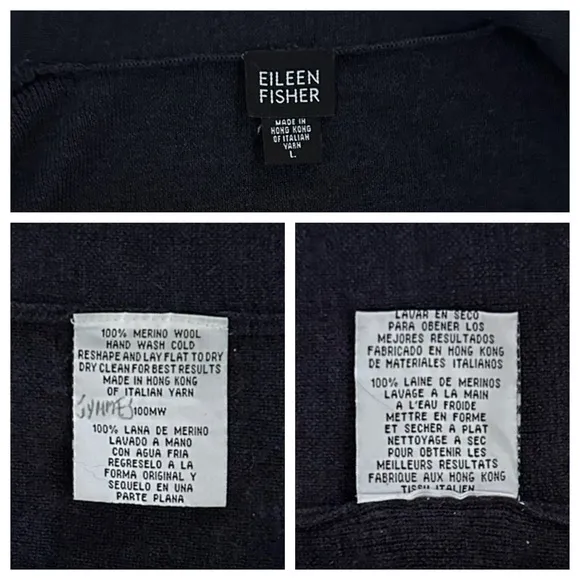 EILEEN FISHER L VTG Merino Wool Open Front Cardigan Sweater in Navy Blue Gray