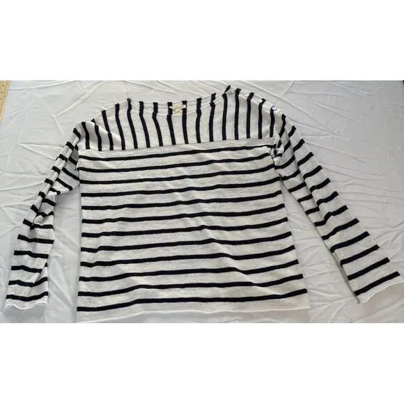 Eileen Fisher Sweater, Size M Navy White Striped, Button‎ Detail, Linen Cotton