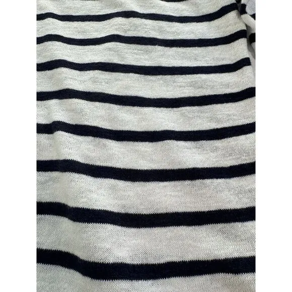 Eileen Fisher Sweater, Size M Navy White Striped, Button‎ Detail, Linen Cotton