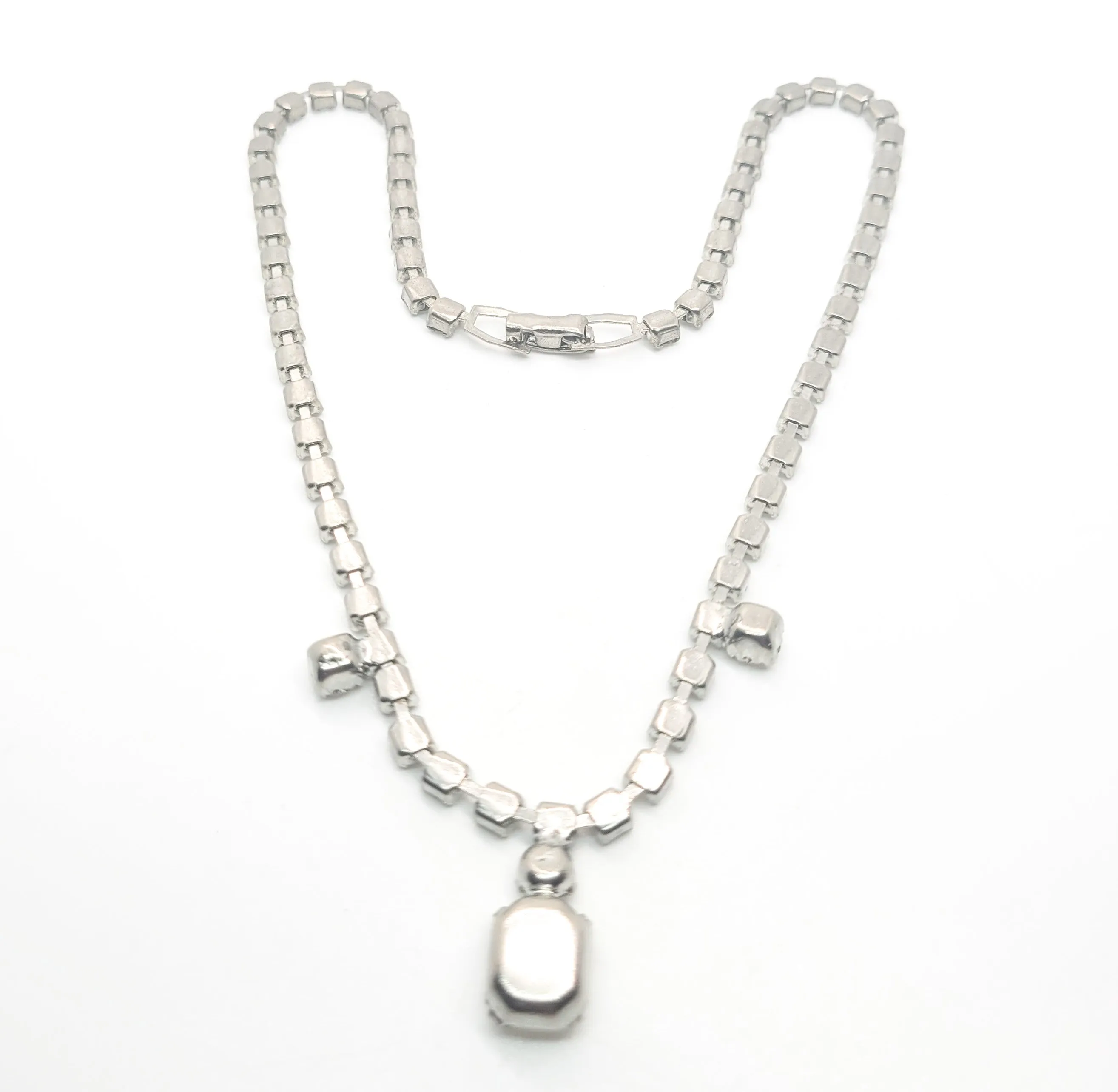 Emerald cut clear rhinestone dainty vintage collar necklace mid century