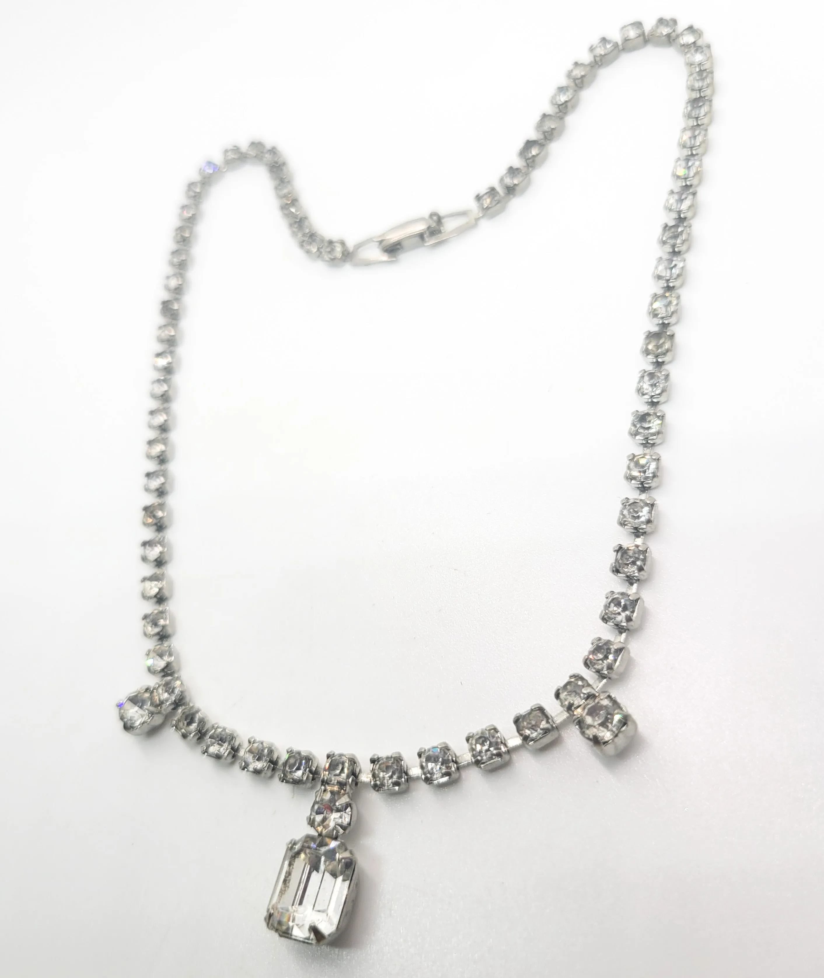 Emerald cut clear rhinestone dainty vintage collar necklace mid century