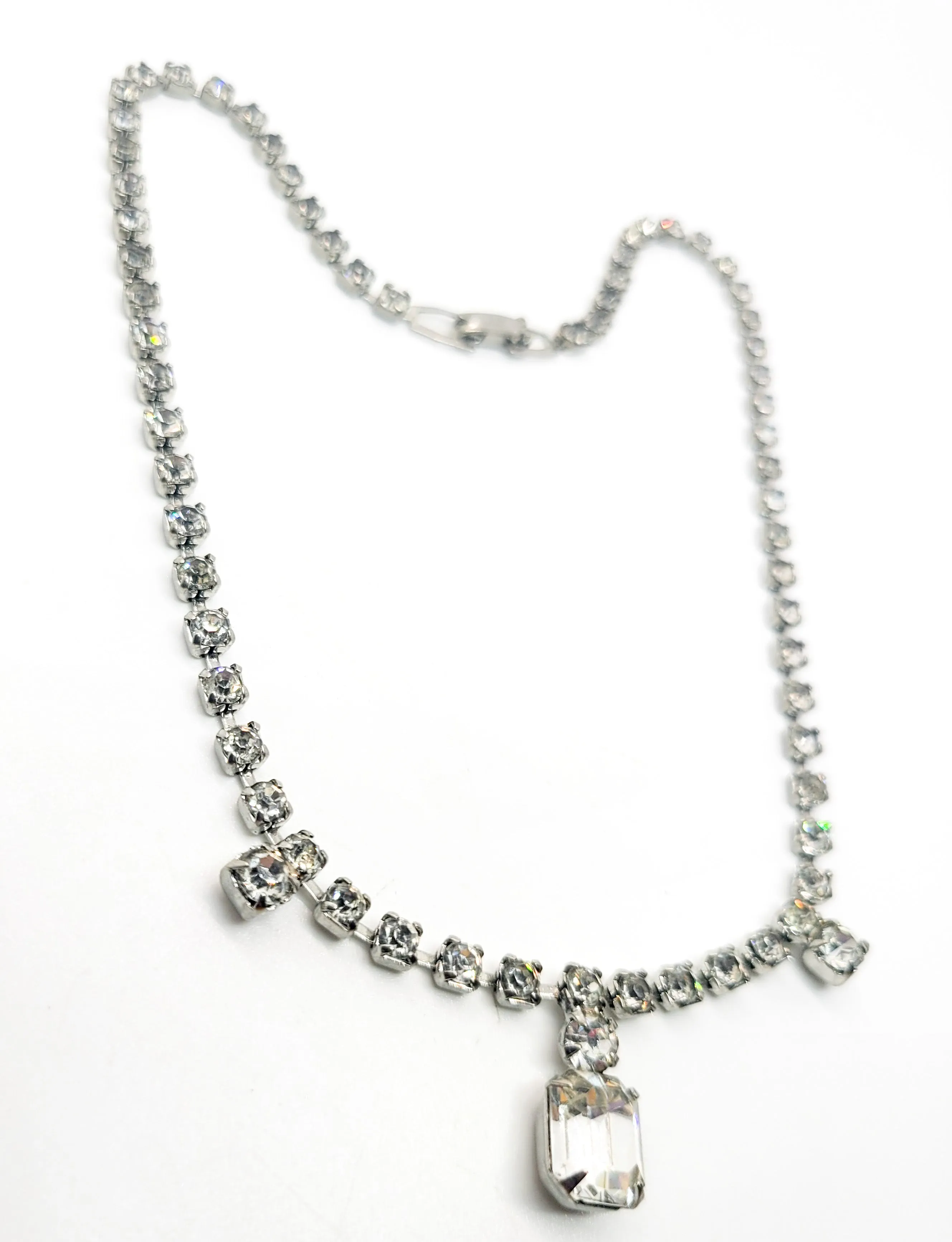 Emerald cut clear rhinestone dainty vintage collar necklace mid century