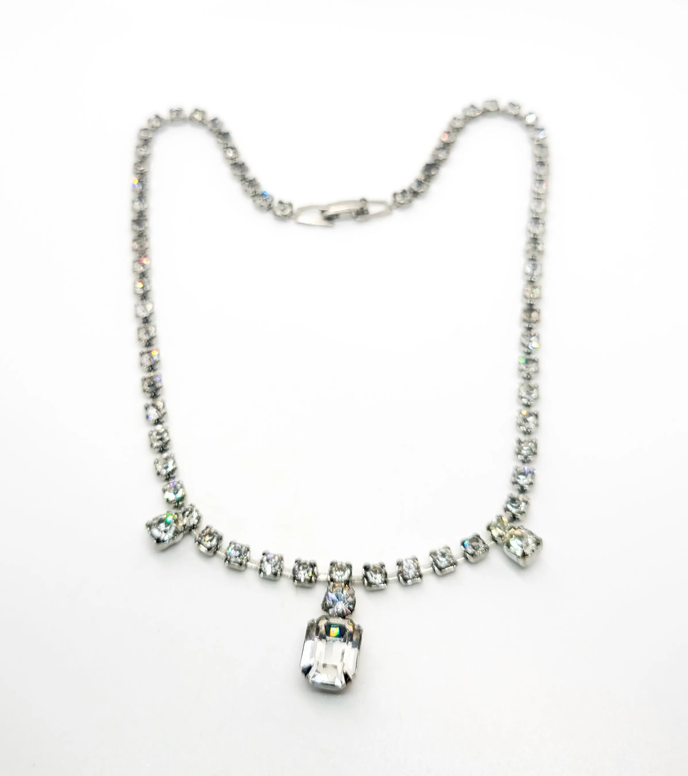 Emerald cut clear rhinestone dainty vintage collar necklace mid century
