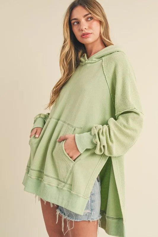 Exposed Seam Side Slit Hoodie with Kangaroo Pocket