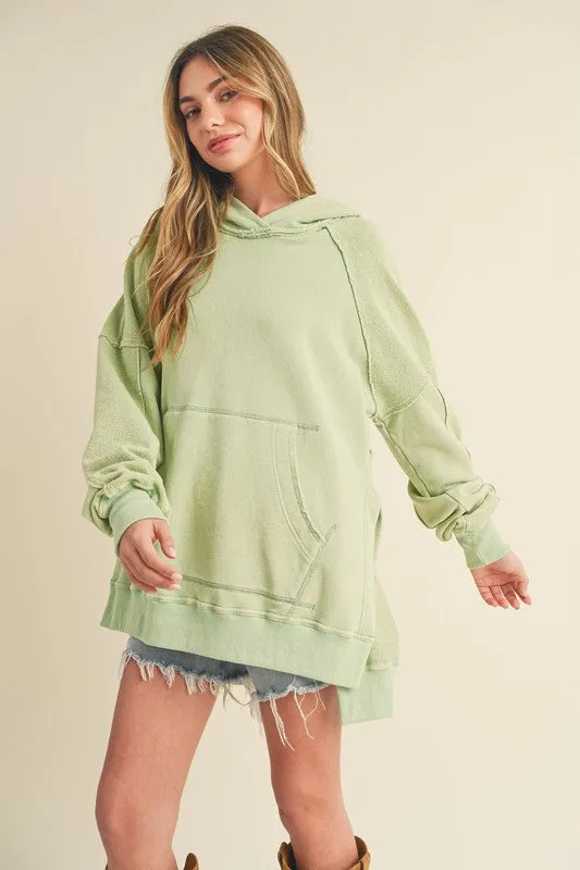 Exposed Seam Side Slit Hoodie with Kangaroo Pocket
