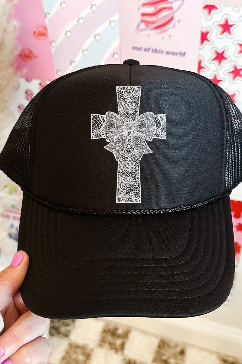Faux Lace Cross Otto Black Foam Front Trucker Hat