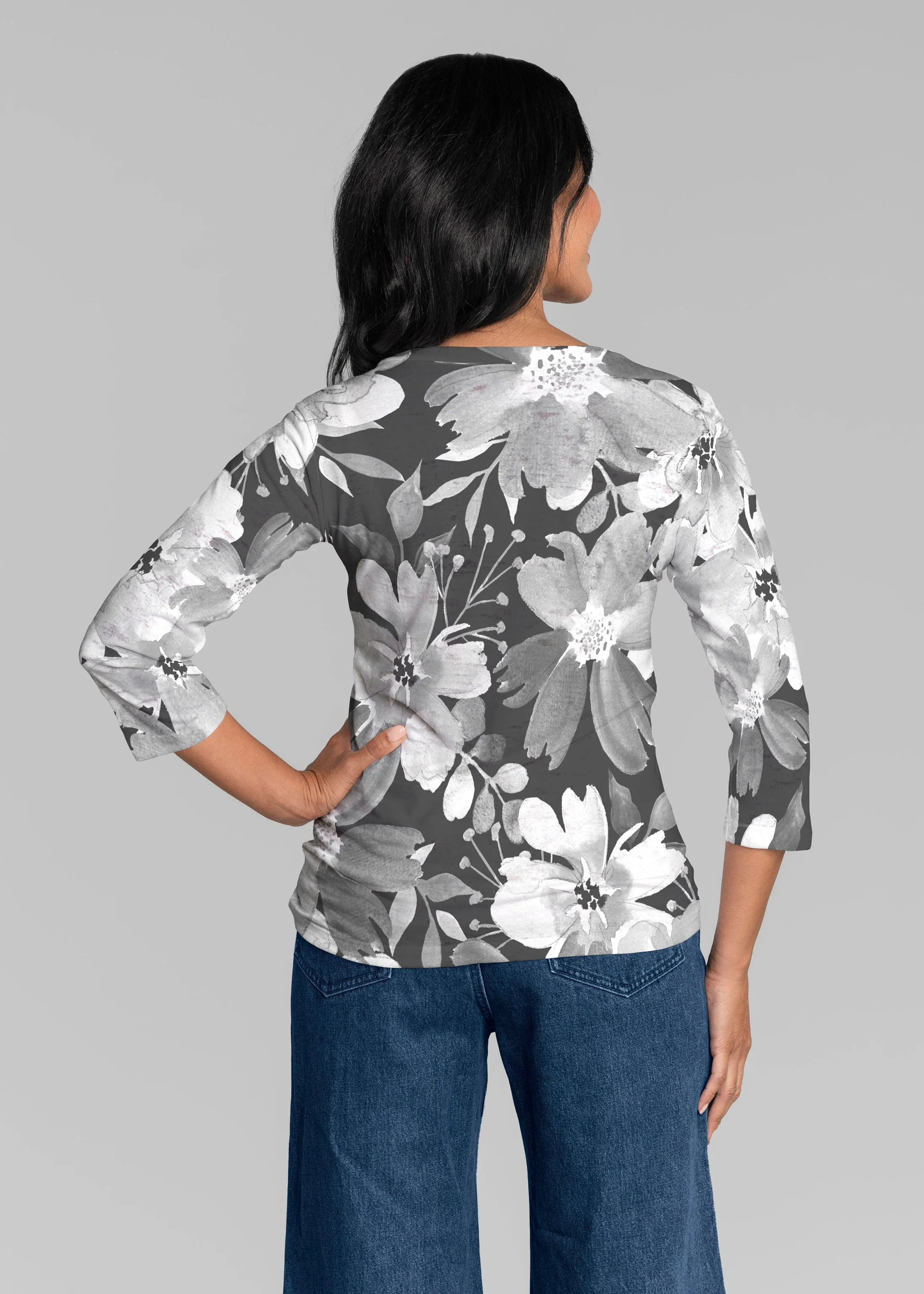 Festive Bloom Black (8174) ~ Signature 3/4 Sleeve V-Neck Top