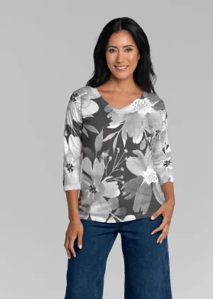 Festive Bloom Black (8174) ~ Signature 3/4 Sleeve V-Neck Top