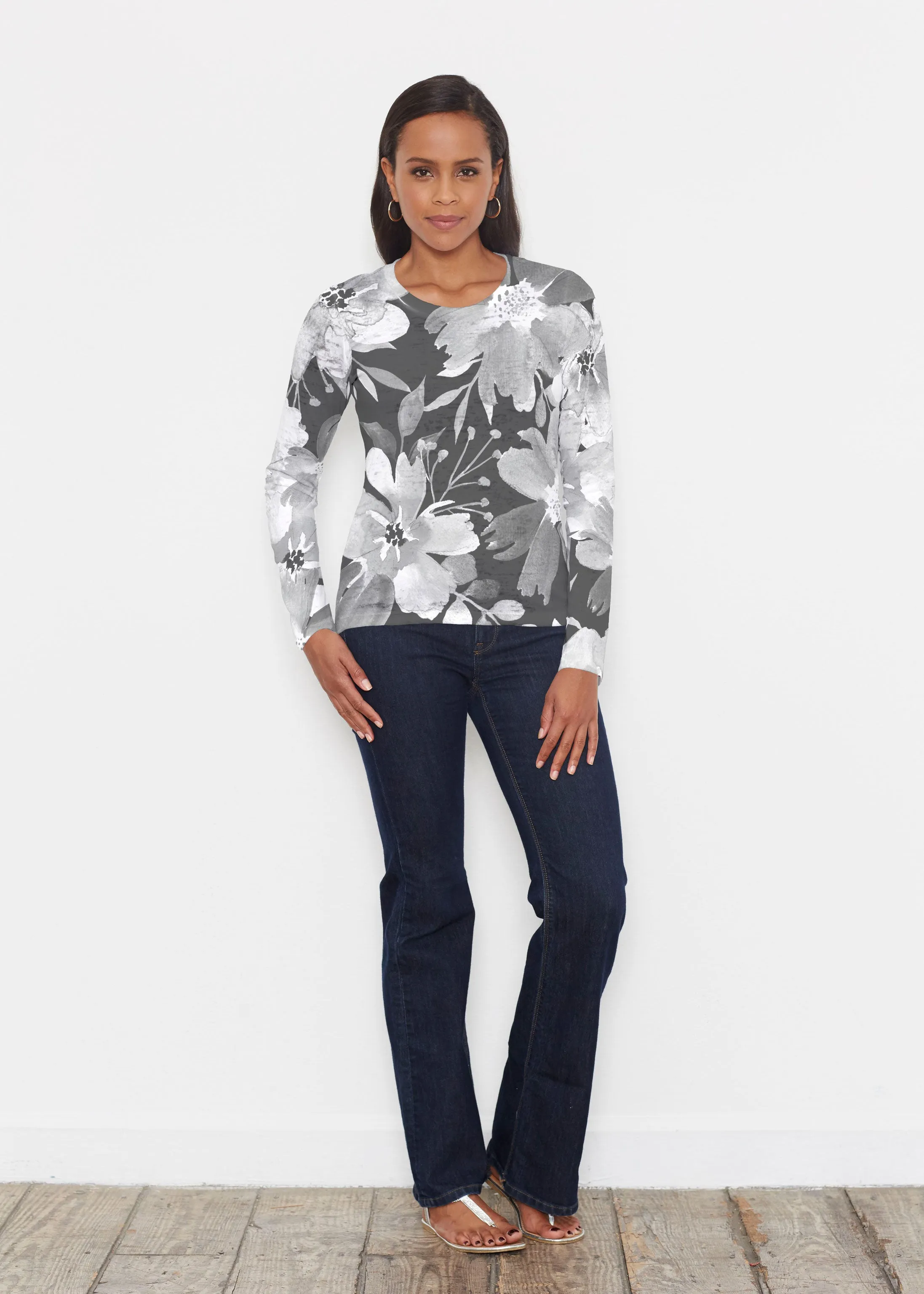 Festive Bloom Black (8174) ~ Signature Long Sleeve Crew Shirt
