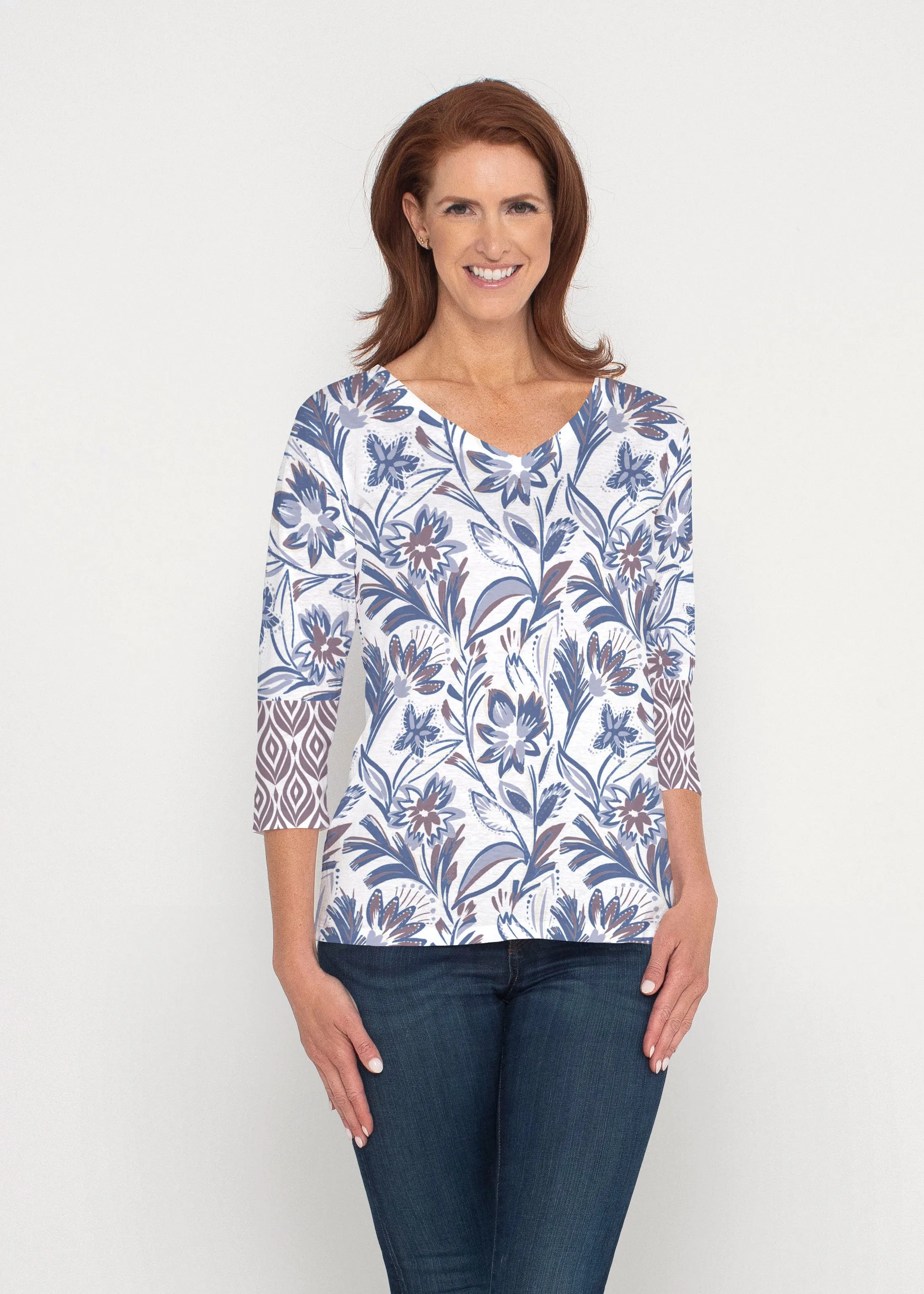 Floral Buds (8015) ~ Signature 3/4 Sleeve V-Neck Top