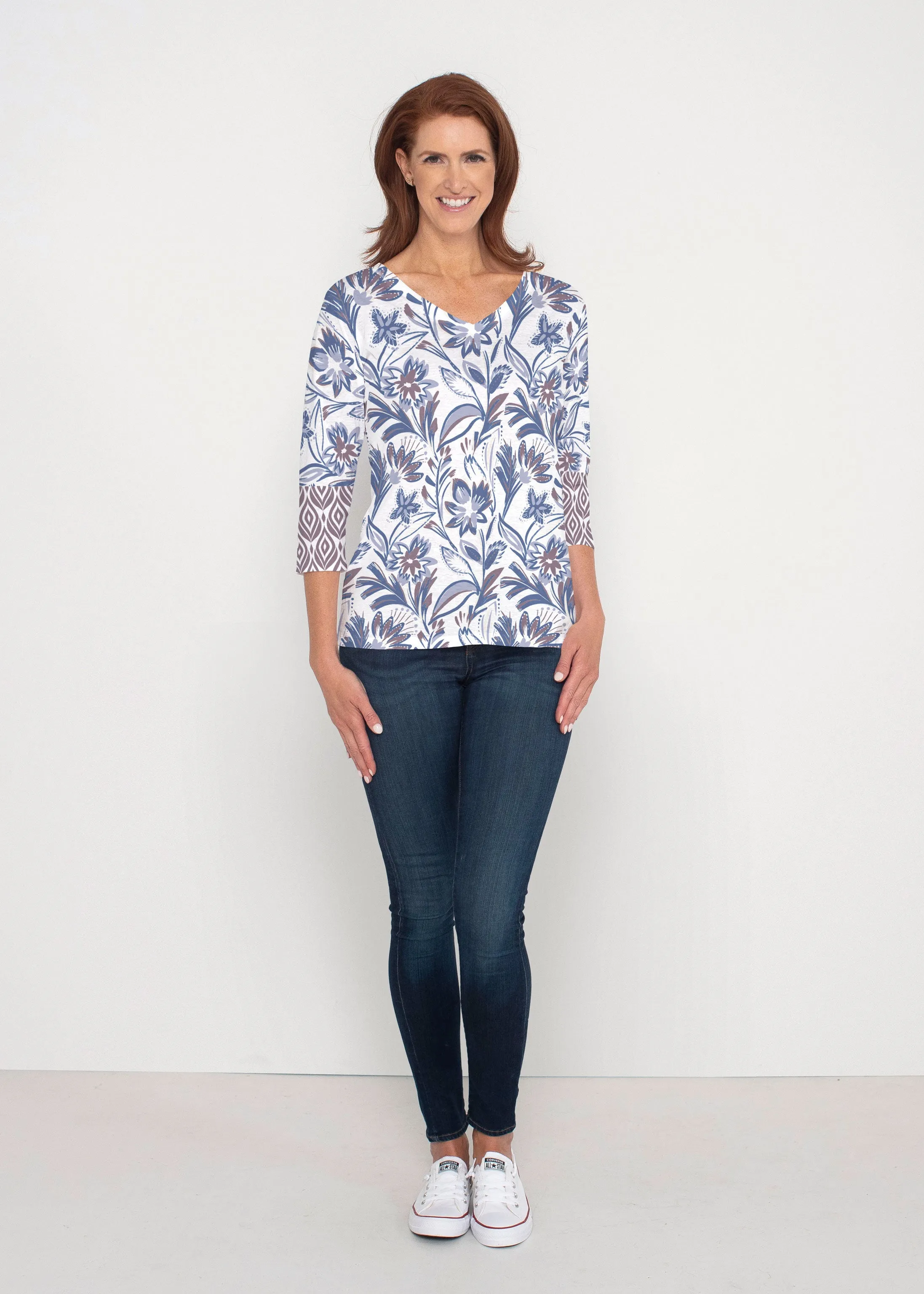 Floral Buds (8015) ~ Signature 3/4 Sleeve V-Neck Top