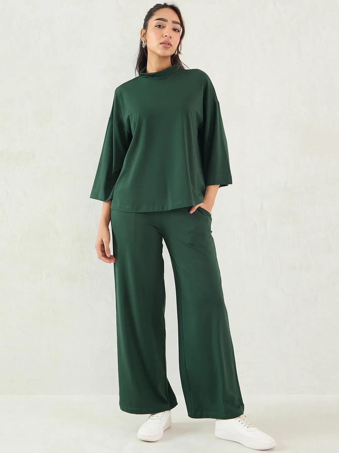 Forest Green Cotton Knit Turtle Neck Co-Ord Set