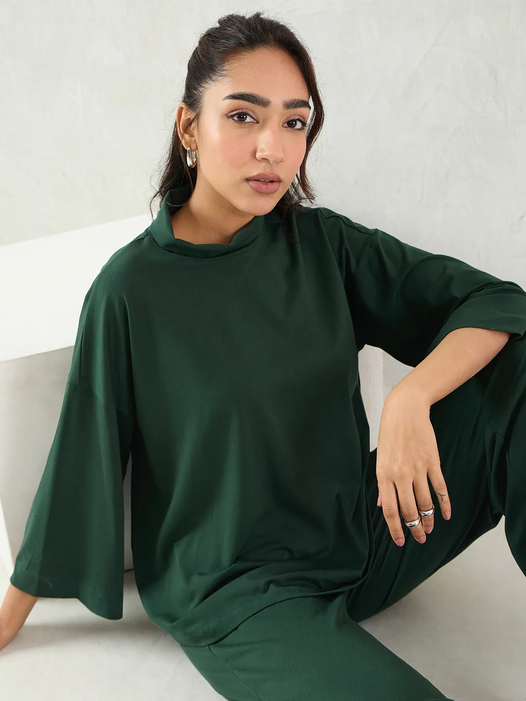 Forest Green Cotton Knit Turtle Neck Co-Ord Set