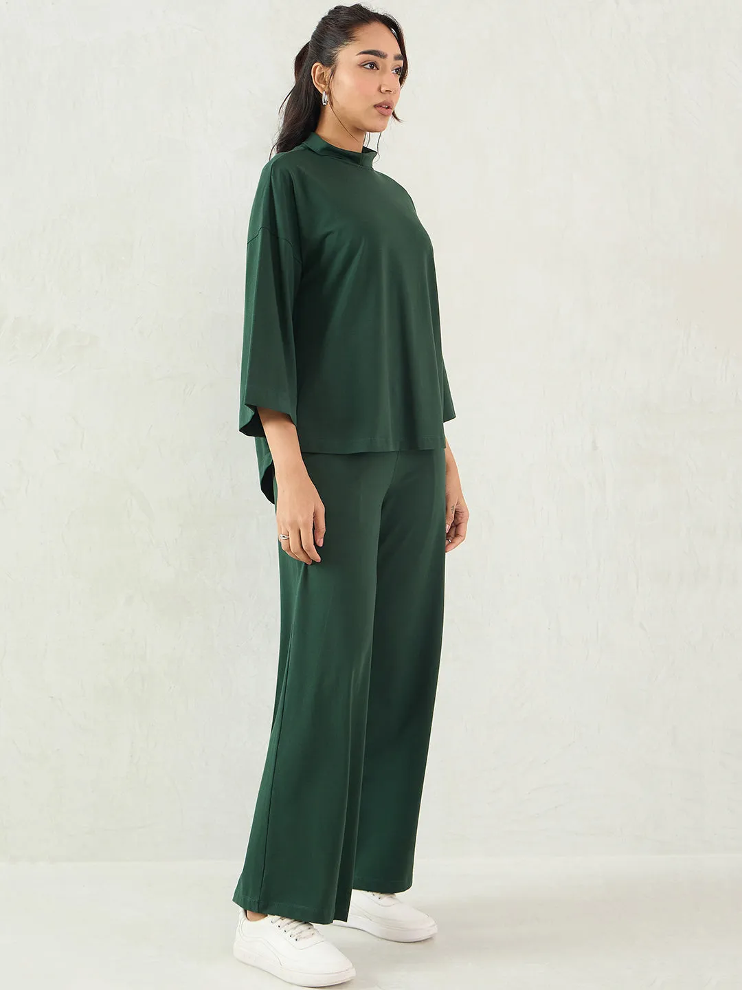 Forest Green Cotton Knit Turtle Neck Co-Ord Set