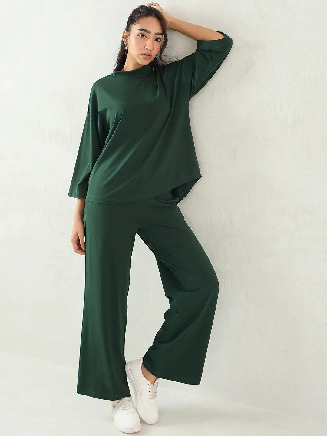 Forest Green Cotton Knit Turtle Neck Co-Ord Set