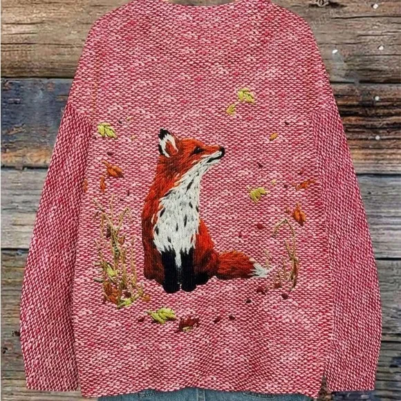 Fox Pattern Loose Pullover Sweater With Faux Embroidery Design