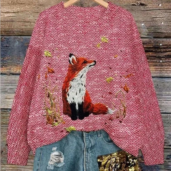 Fox Pattern Loose Pullover Sweater With Faux Embroidery Design