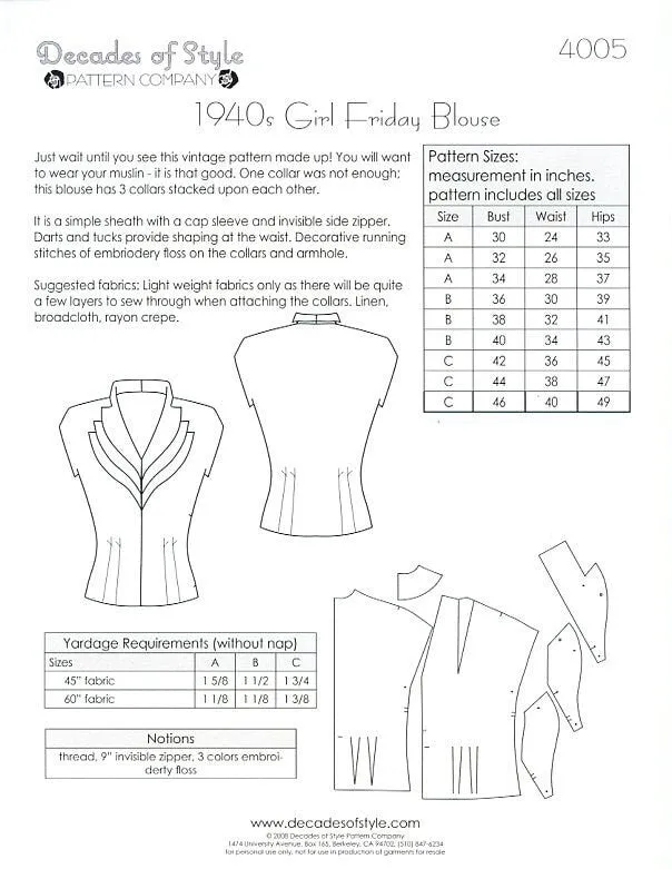 Girl Friday Blouse 1940  Decades of Style Vintage Style Sewing Pattern