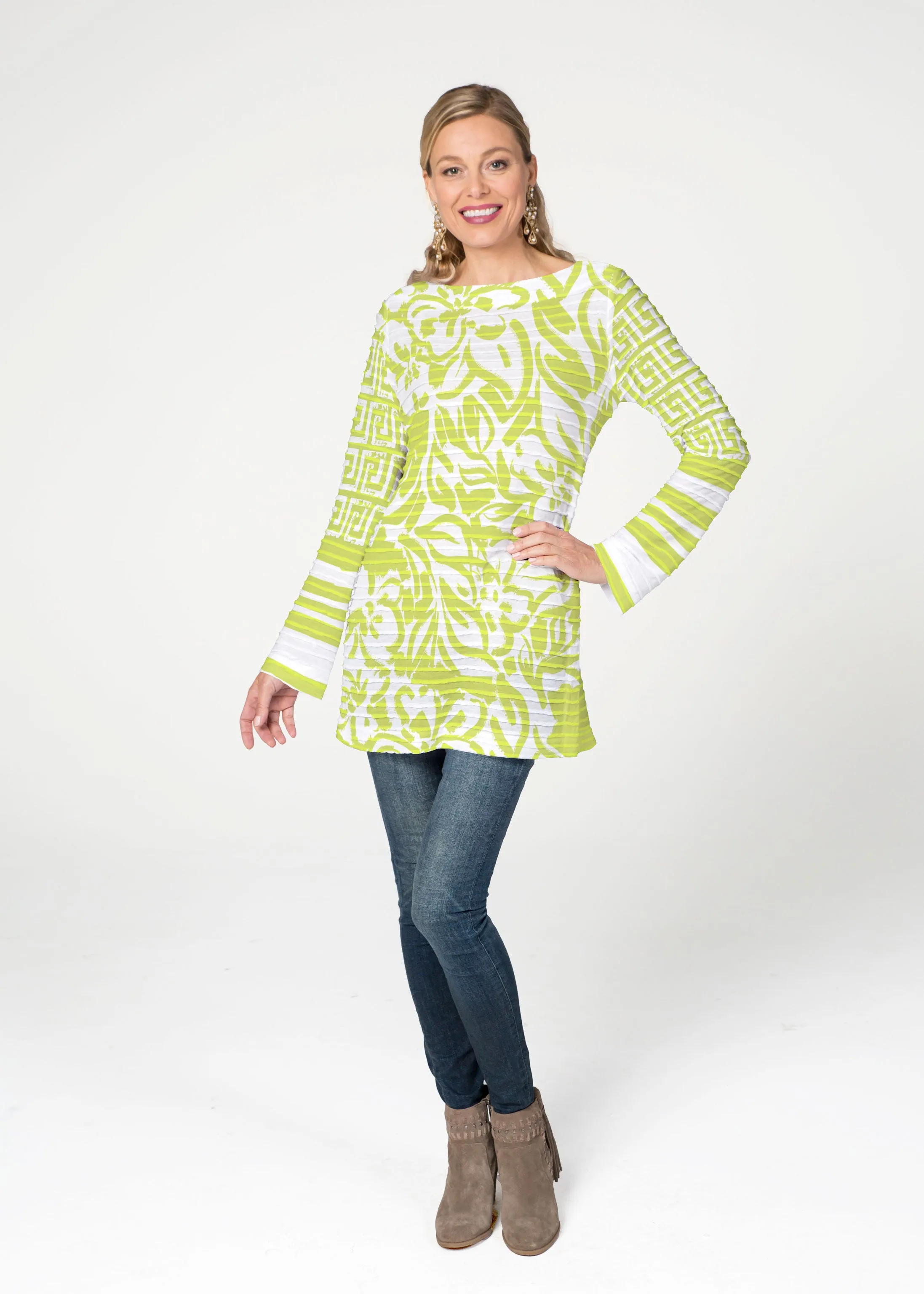 Greek Breeze Lime (8165) ~ Banded Boatneck Tunic