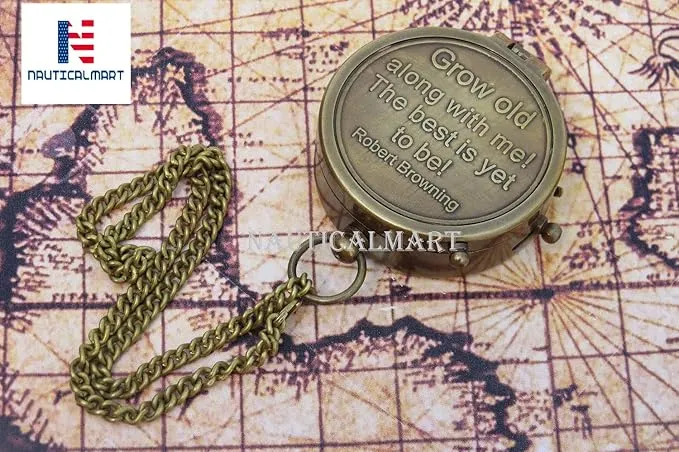 Grow Old Along with Me Compass Engraved Personalized Inscription Antique Brass Compass Engraved with Leather Case Romantic Gift Ideas for Him/Her - Husband Gifts from Wife, for Men