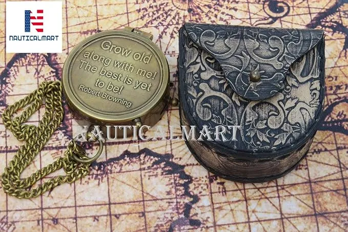 Grow Old Along with Me Compass Engraved Personalized Inscription Antique Brass Compass Engraved with Leather Case Romantic Gift Ideas for Him/Her - Husband Gifts from Wife, for Men