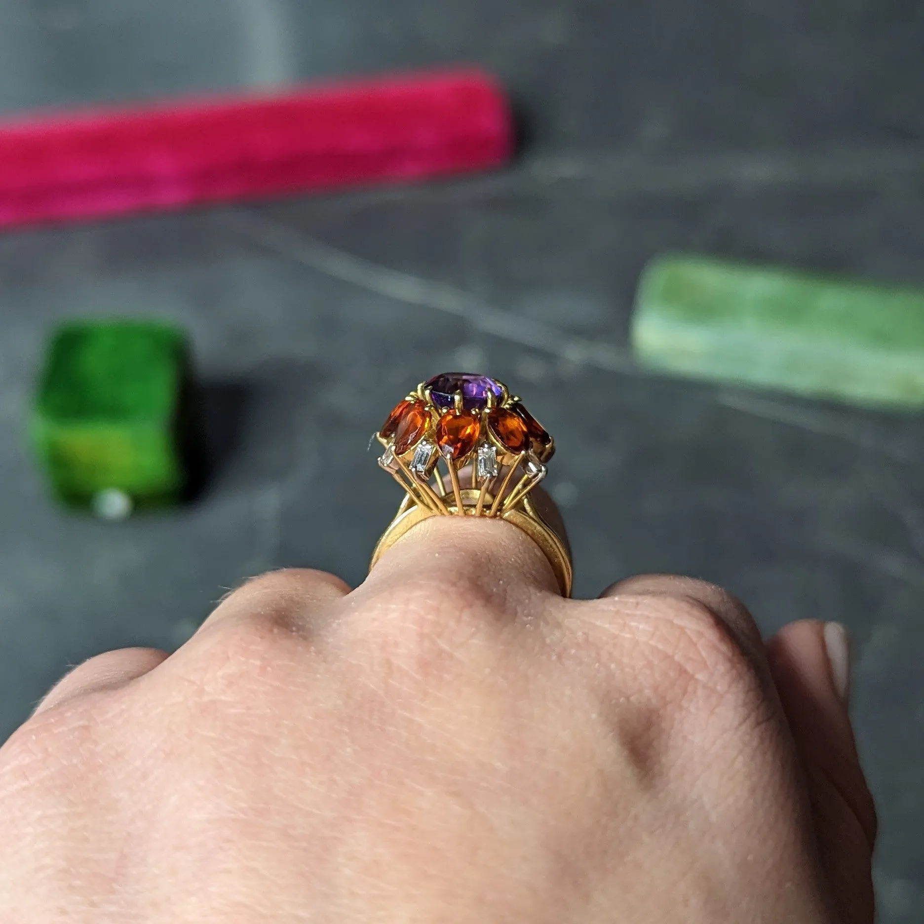 H. Stern Modernist 6.10 CTW Amethyst Citrine Diamond 18 Karat Gold Tiered Vintage Cluster Ring