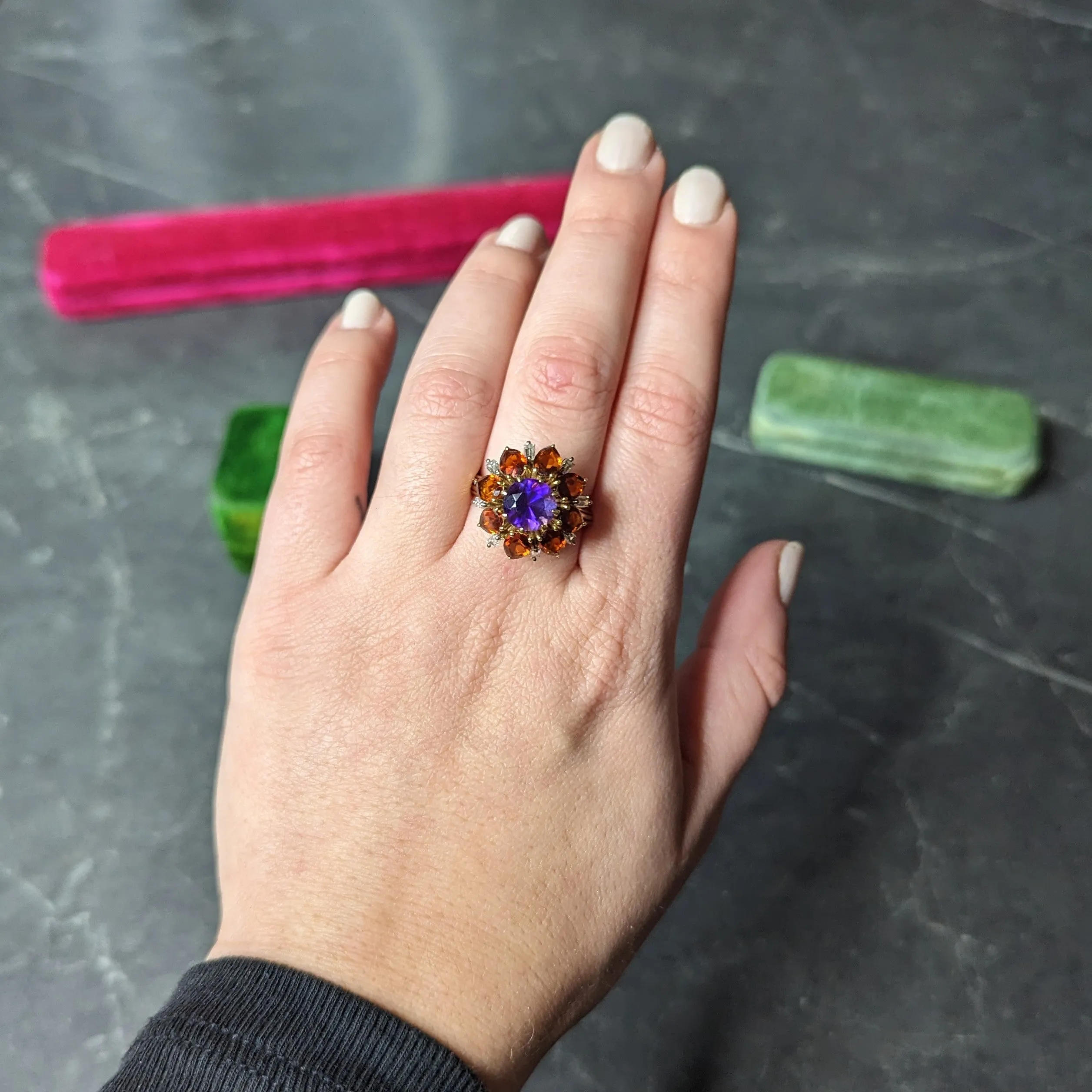 H. Stern Modernist 6.10 CTW Amethyst Citrine Diamond 18 Karat Gold Tiered Vintage Cluster Ring