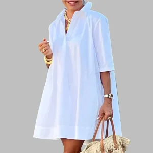 Half Sleeves Loose Casual White Dress