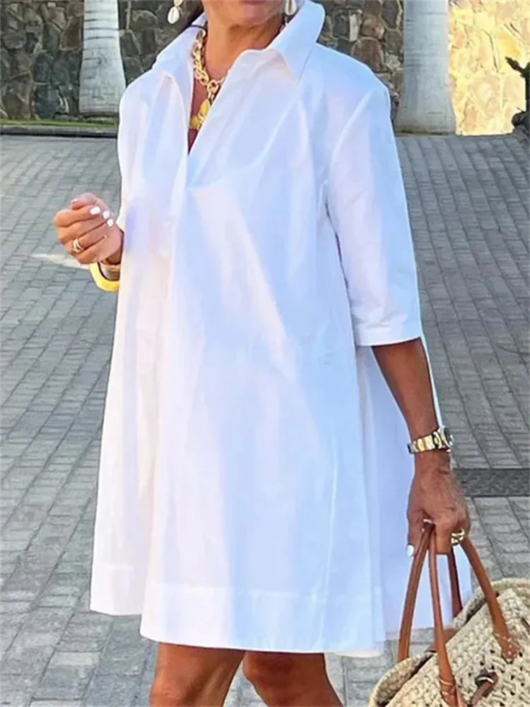 Half Sleeves Loose Casual White Dress