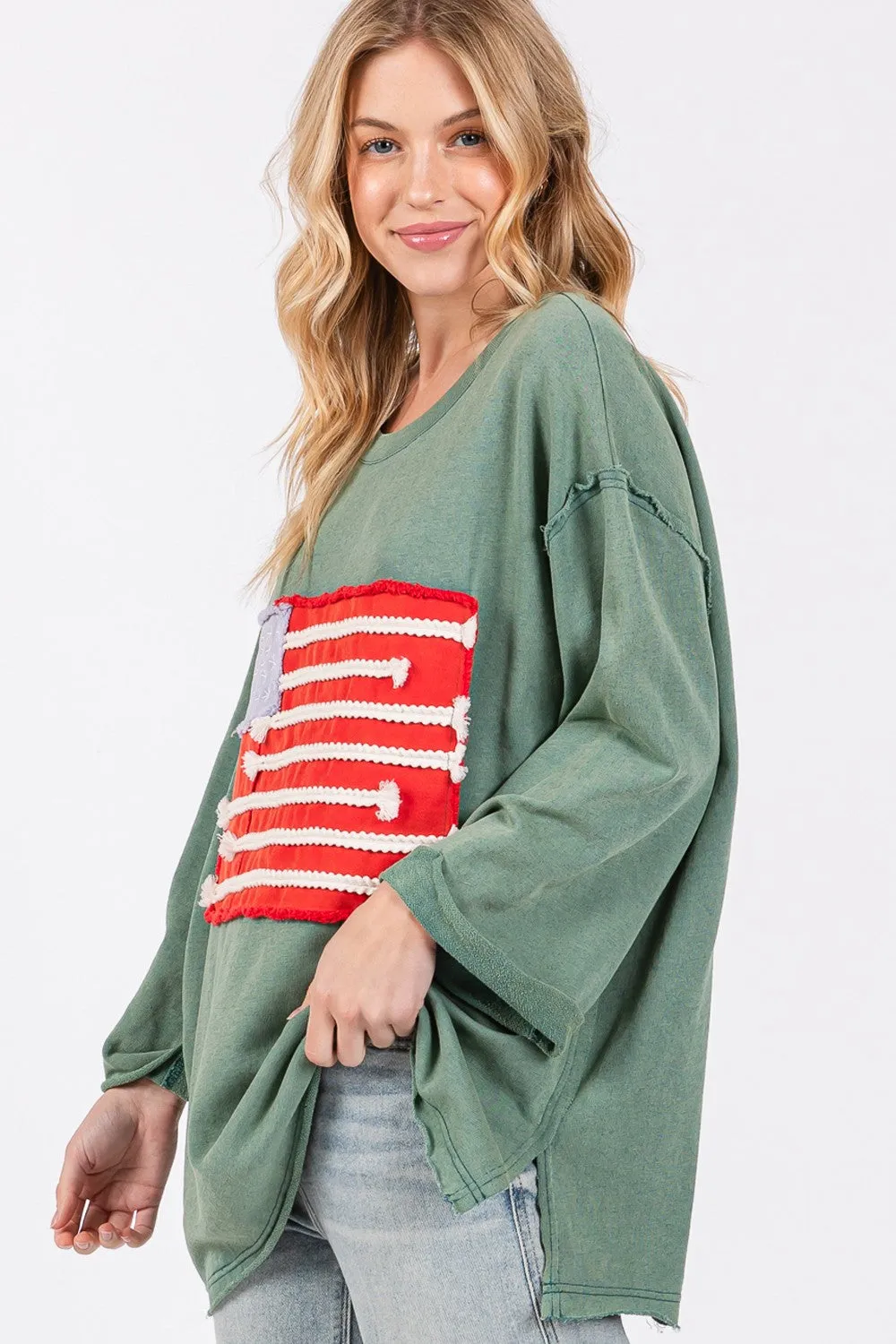 Hazel Blues® |  SAGE   FIG American Flag Patch Drop Shoulder T-Shirt
