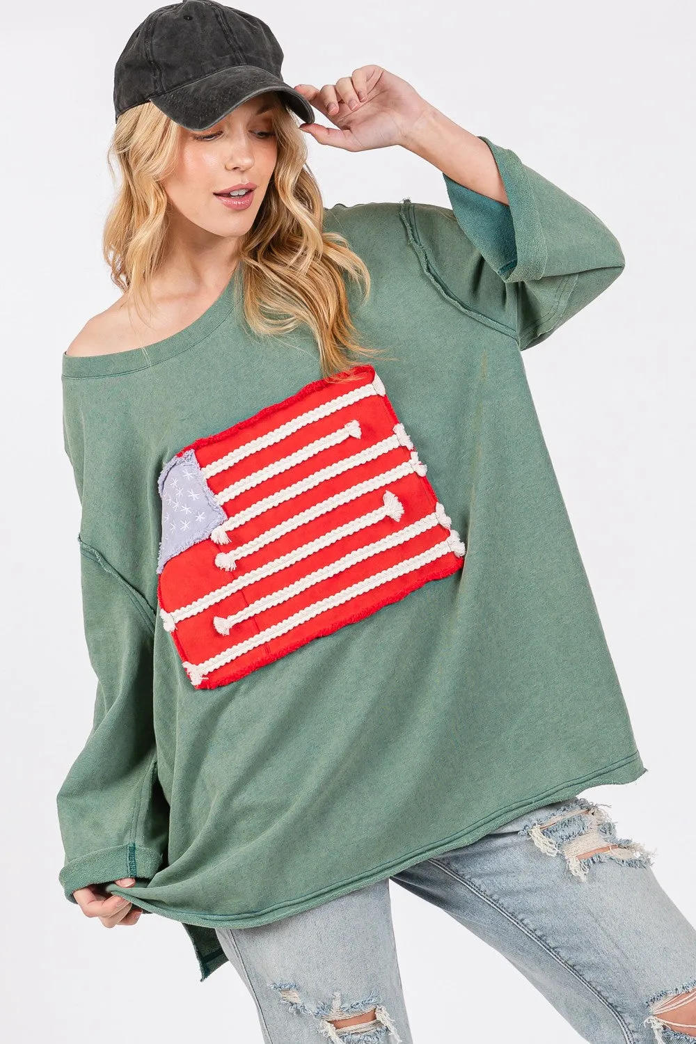 Hazel Blues® |  SAGE   FIG American Flag Patch Drop Shoulder T-Shirt