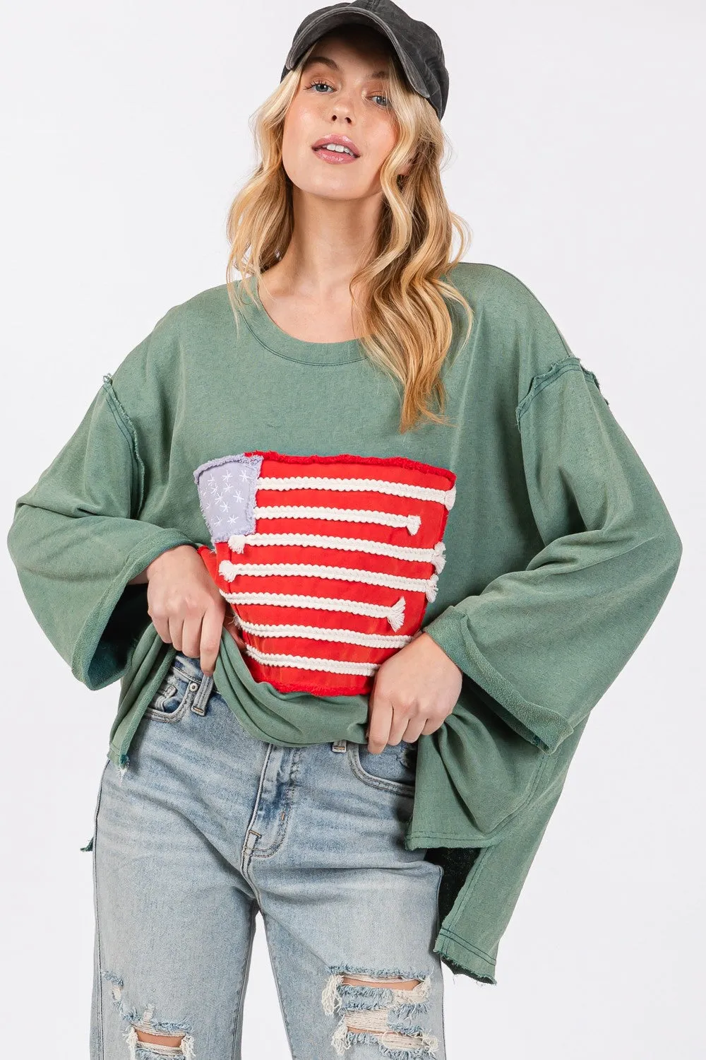 Hazel Blues® |  SAGE   FIG American Flag Patch Drop Shoulder T-Shirt