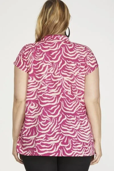 Hazel Blues® | She   Sky Printed Button Down Cap Sleeve Shirt