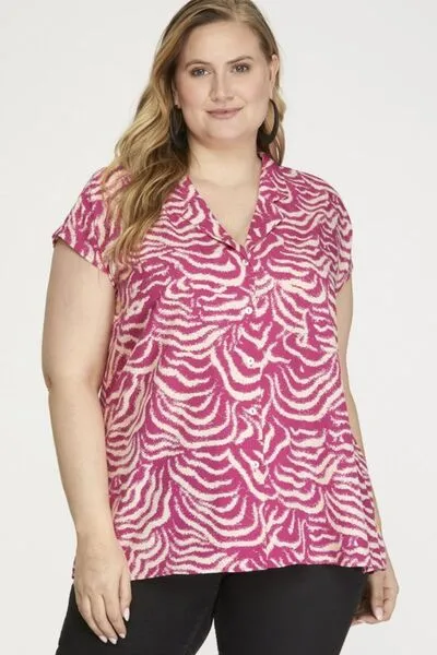 Hazel Blues® | She   Sky Printed Button Down Cap Sleeve Shirt